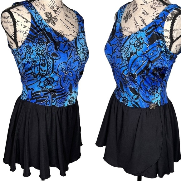 Inches Away Black Blue Print One Piece Swimsuit Swim Dress Size 12 Slimming - Picture 2 of 15